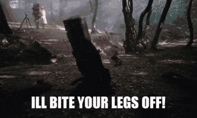 The Black Knight from Monty Python and the Holy Grail having been dismembered is claiming "I'll bite your legs off!"