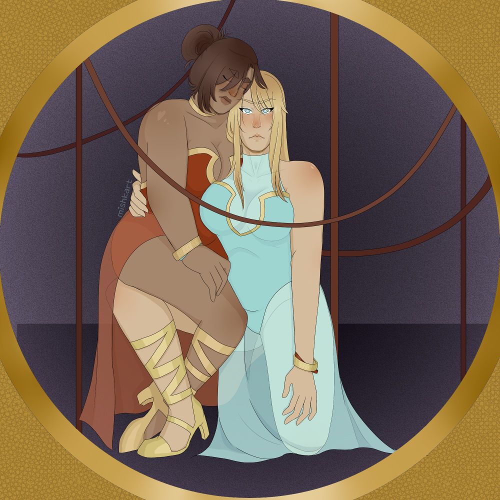 Art of a blonde and blue eyed woman in a blue dress kneels on her right knee while staring into the camera. On her left thigh sits a Brown hair lady in a red dress. The scene is surrounded by a gold circular border.