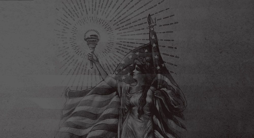 Goddess Columbia holding a torch and the USA flag