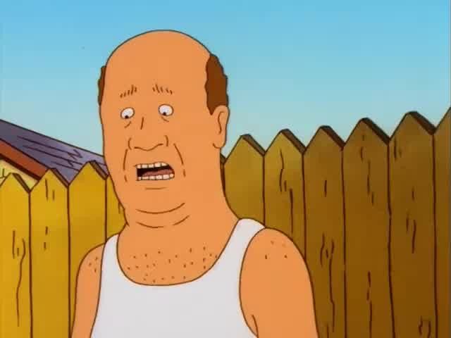 Bill Dauterive on King of the Hill standing in the alley, bulging eyes and mouth open looking aghast