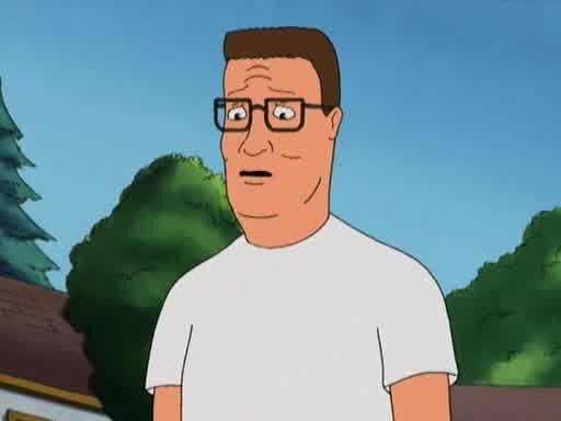 Hank Hill looking concerned, standing outside, brow furrowed, mouth slightly open