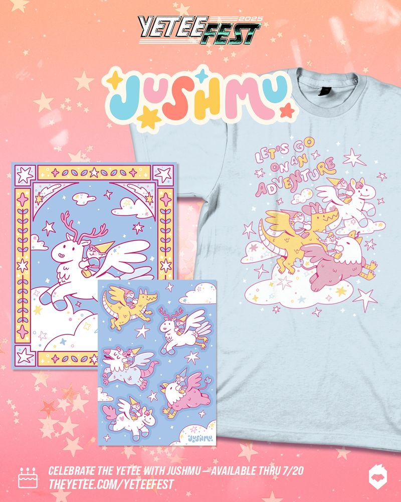 promo image for my designs for Yetee Fest. There's a light blue tshirt with three little gnomes rig=ding a dragon, pegasus, and a griffin. There's also a print with a gnome riding a peryton and a sticker sheet with all of the creatures plus an additional flying possum and gnome rider.