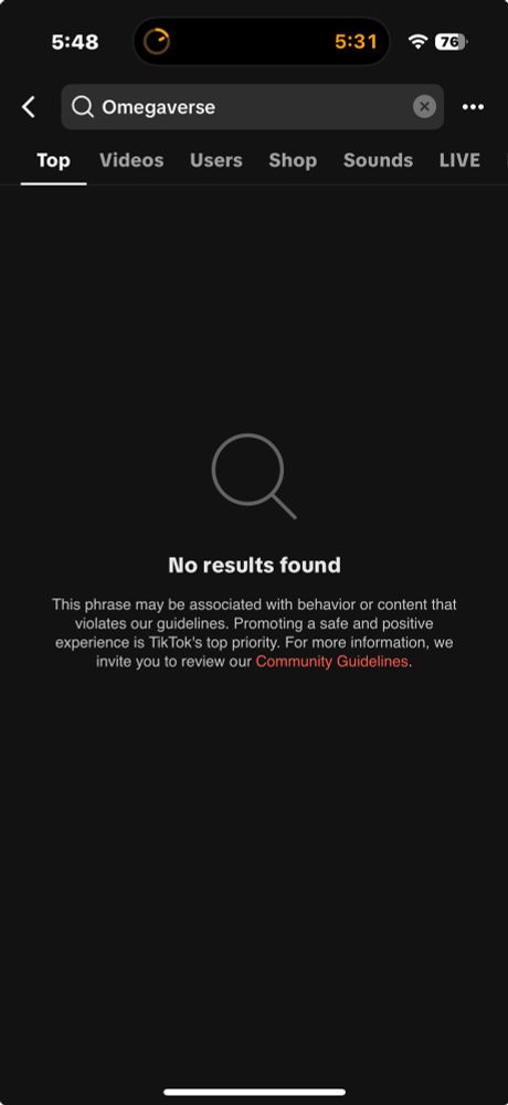 A screenshot of the TikTok search page with the search “omegaverse” and the result saying “this phrase may be associated with behavior or content that violates our guidelines”