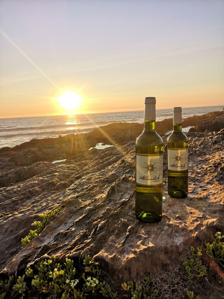 Dos botellas de vino blanco Alcardet sobre rocas, al atardecer en la playa, con el sol poniéndose sobre el horizonte del océano.