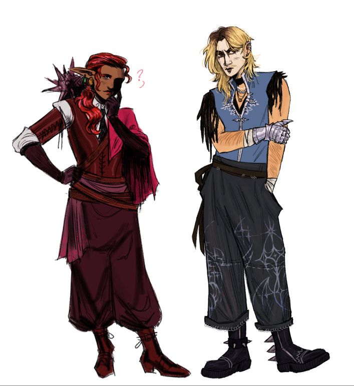 a concept sketch of two dnd characters; casper, a cleric with a mace strapped to his bacjk, bright red hair and a burgundy/pink color palete, and krystofor, a blonde monk in semi -modern  blue-ish clothing and an iron glove