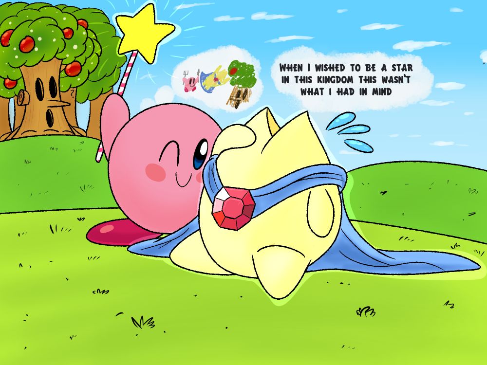 Human, post tf, sits on the floor while kirby uses the star rod, implying he did the TF. Starman just wanted to be a hero, but kirby just wants him to help him get apples