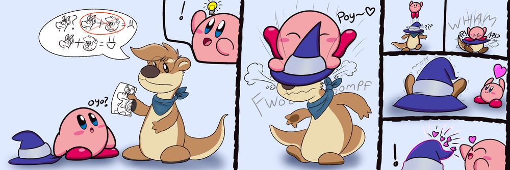 Mao asked Kirby if he's seen his friend Goopy, unaware that Kirby is Goopy post tf. Kirby has a great idea to get them to hang out again, slamming the broomhatter hat over Mao. Slamming down over and over to get Mao in and then throwing a <3 from Kirby Star Allies to engage the tf~