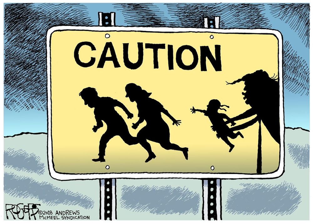 A political cartoon by Rob Rogers of a caution sign with a family running and Trump grabbing the child away from their parents.