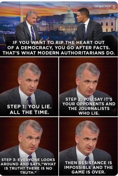 Timothy Snyder on THE DAILY SHOW

IF YOU WANT TO RIP THE HEART OUT OF A DEMOCRACY, YOU GO AFTER FACTS. THAT'S WHAT MODERN AUTHORITARIANS DO.

STEP 1: YOU LIE. ALL THE TIME.

STEP 2: YOU SAY IT'S YOUR OPPONENTS AND THE JOURNALISTS WHO LIE.

STEP 3: EVERYONE LOOKS AROUND AND SAYS, "WHAT IS TRUTH? THERE IS NO TRUTH."

THEN RESISTANCE IS IMPOSSIBLE AND THE GAME IS OVER.