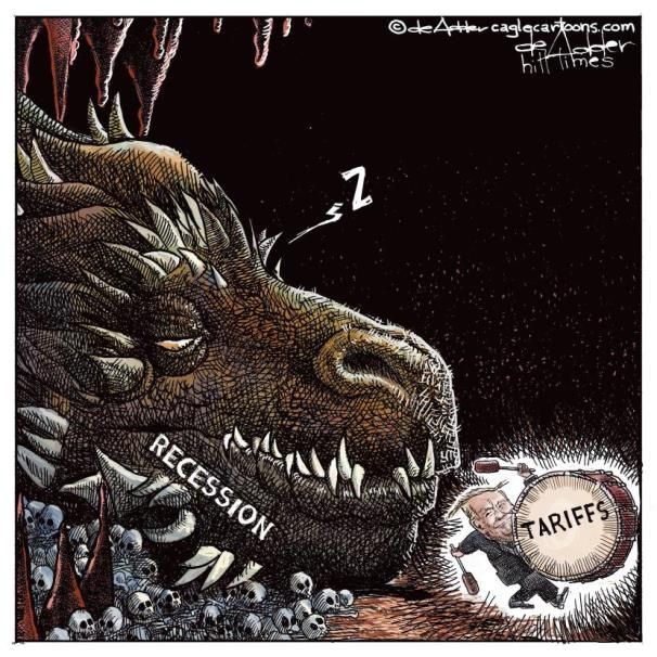 A political cartoon with a sleeping dragon called recession and Trump is banging a drum labeled tariffs 
