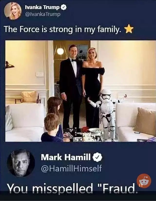 A photo of Jared kushner and Ivanka and their kids, one of which is dressed as a first order trooper. Ivanka comments that the force is strong in her family.mark Hamill comments you misspelled fraud 