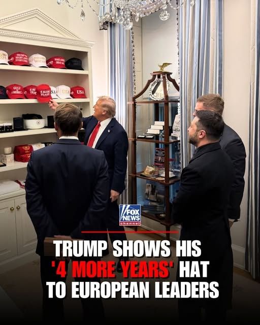 Trump shows his maga hat collection to European leaders including Zelenskyy instead of talking about stopping the war in Ukraine.