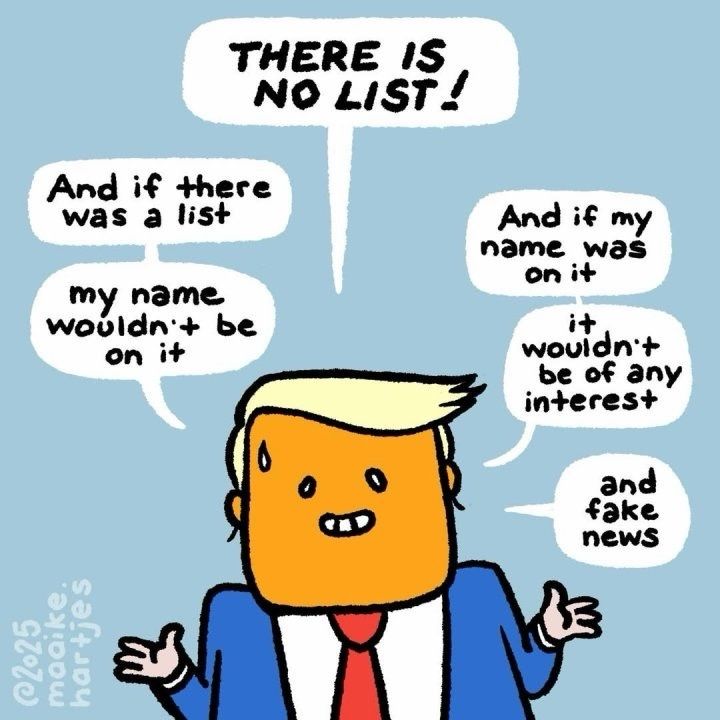 Cartoon Trump says:

THERE IS NO LIST!

And if there was a list

my name wouldn't be on it

And if my name was on it

it wouldn't be of any interest

and fake news