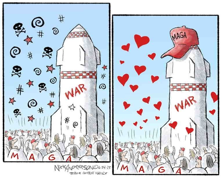 Political cartoon of maga protesting a rocket labeled war. Once the rocket has a maga hat, they love it.