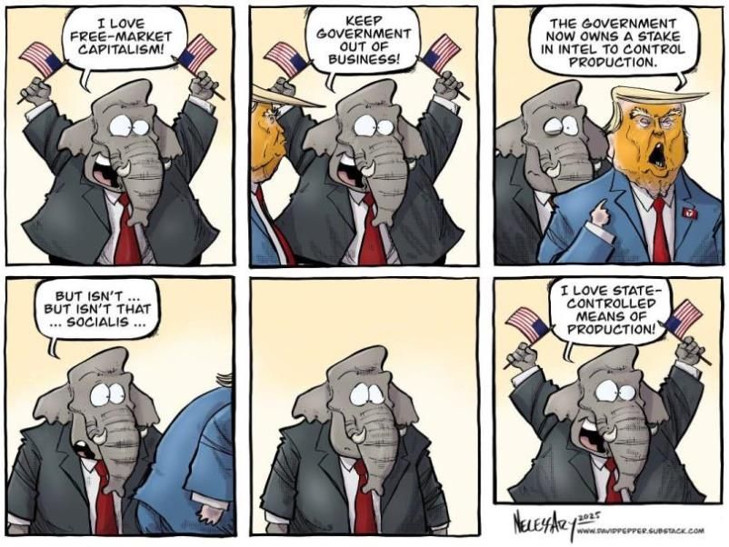 Political cartoon with Trump and a gop elephant. GOP: I LOVE FREE-MARKET CAPITALISM!KEEP GOVERNMENT OUT OF BUSINESS! Trump: THE GOVERNMENT NOW OWNS A STAKE IN INTEL TO CONTROL PRODUCTION. Gop: But isn't that socialism? *Pause* I LOVE STATE CONTROLLED MEANS OF PRODUCTION!