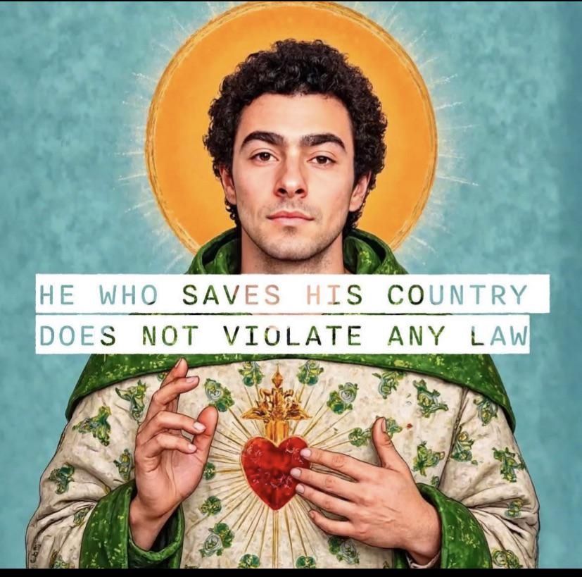 A portrait of the blessed saint Luigi of Mangione and above him is a quote that Trump tweeted recently. He who saves his country does not violate any law