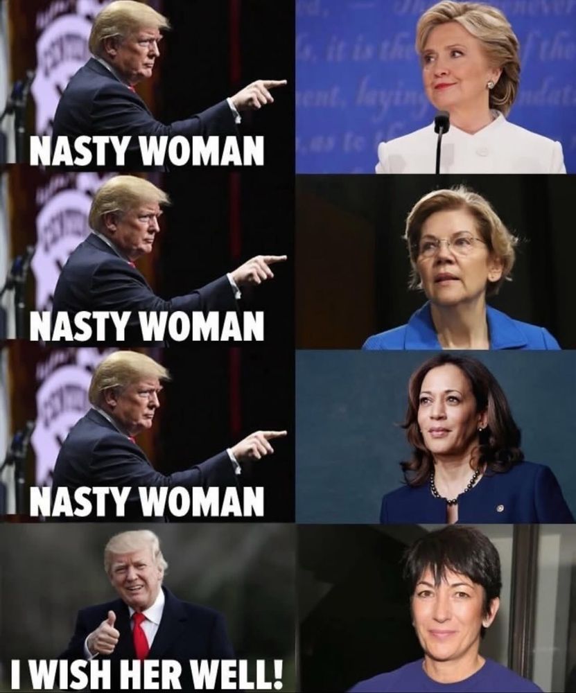 Taco pointing at Hillary, Elizabeth Warren, and Kamala saying nasty woman. And for jizzlane, a thumbs up and I wish her well.