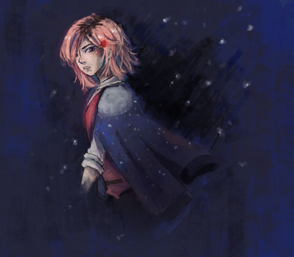 Digital painting. Man with dyed pink hair walks forward while looking to the side at the viewer. Messily painted with an implied night sky in the background