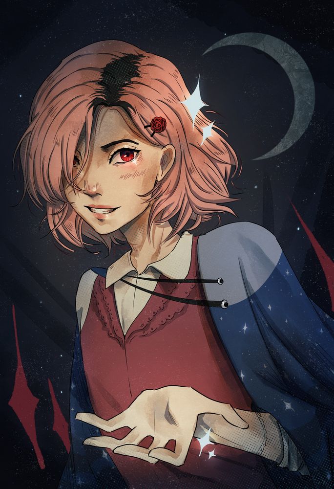 Digital art of my character Sacha offering his hand to the viewer. He has pink hair with black roots, red eyes, and is in a red vest. There's a half-cloak around his shoulders with a moon and stars pattern. The piece is shaded softly in a watercolor style and also cell-shaded. There are halftones in the shadows as well.