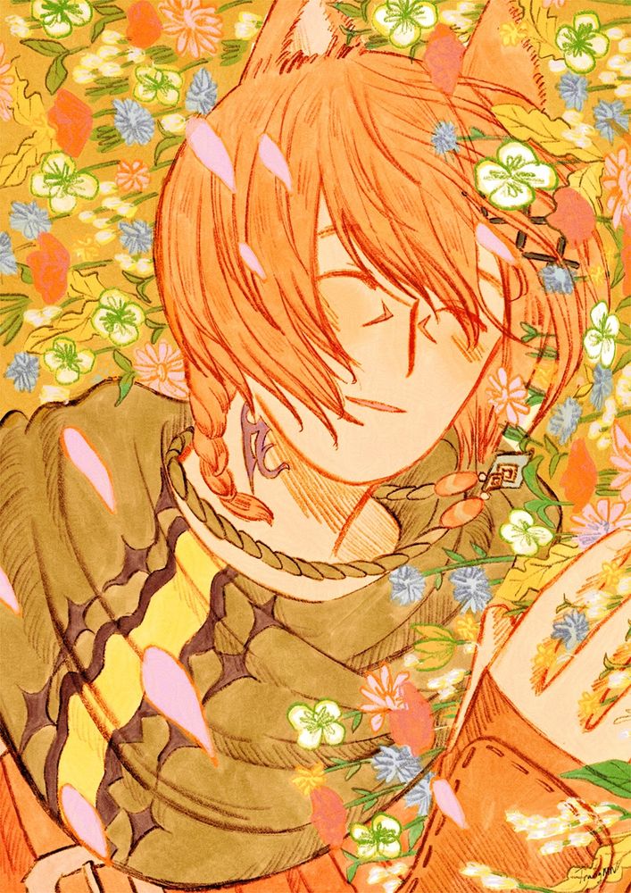 2023 - Portrait drawing of G’raha Tia resting on a patch of wildflowers. Falling petals.