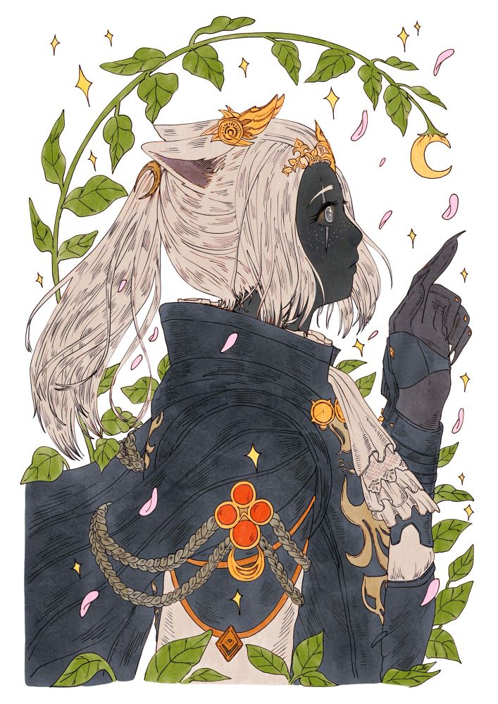 Luna Quartz for LunaOcelot on artfight!! Portrait - a little moon hangs off a plant. Luna reaches out to it. Sparkles and petals falling.