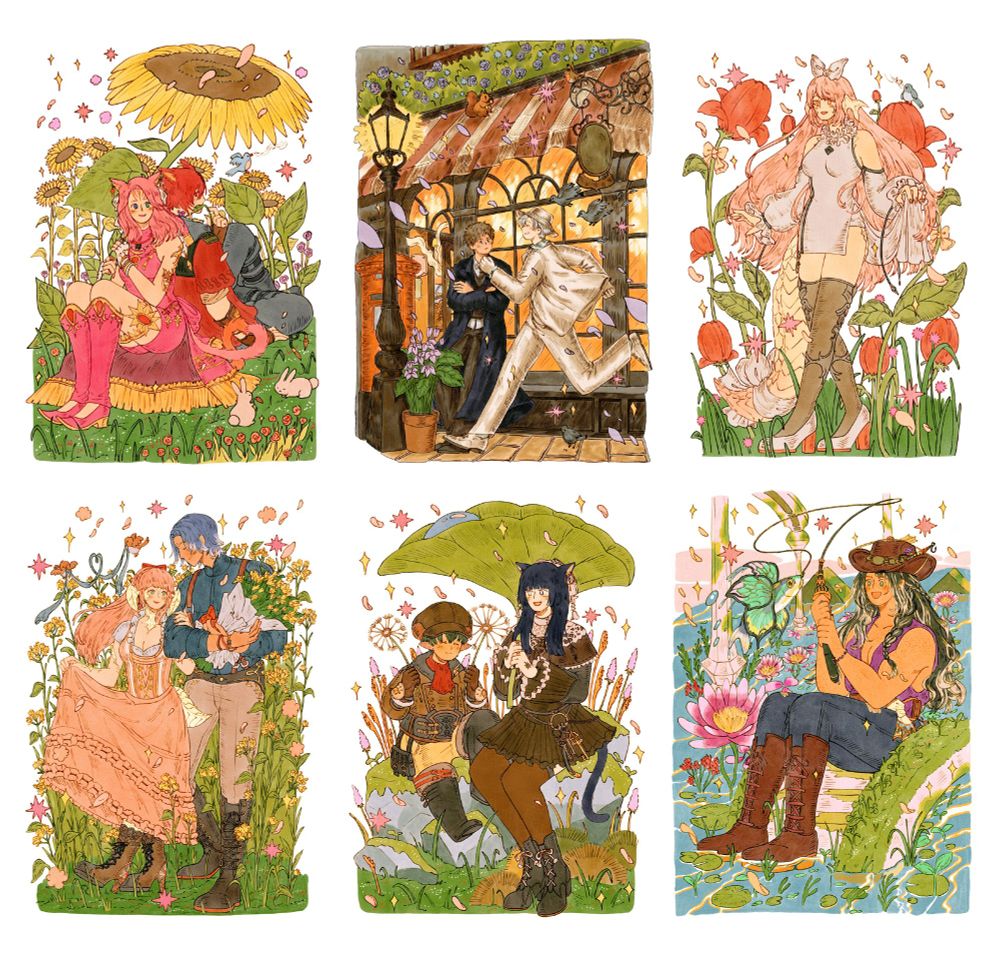 collection of oc and warrior of light, full character commissions - in fantastical places with giant plants and greenery