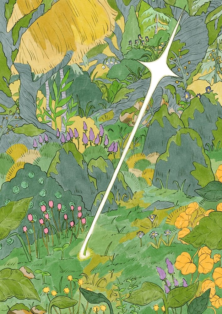 an illusion of a sword emerges from a blade of grass. forest with luscious plants, flowers, and trees. mosses grow on rocks and the surfaces of wood. original character/comic/sequential art