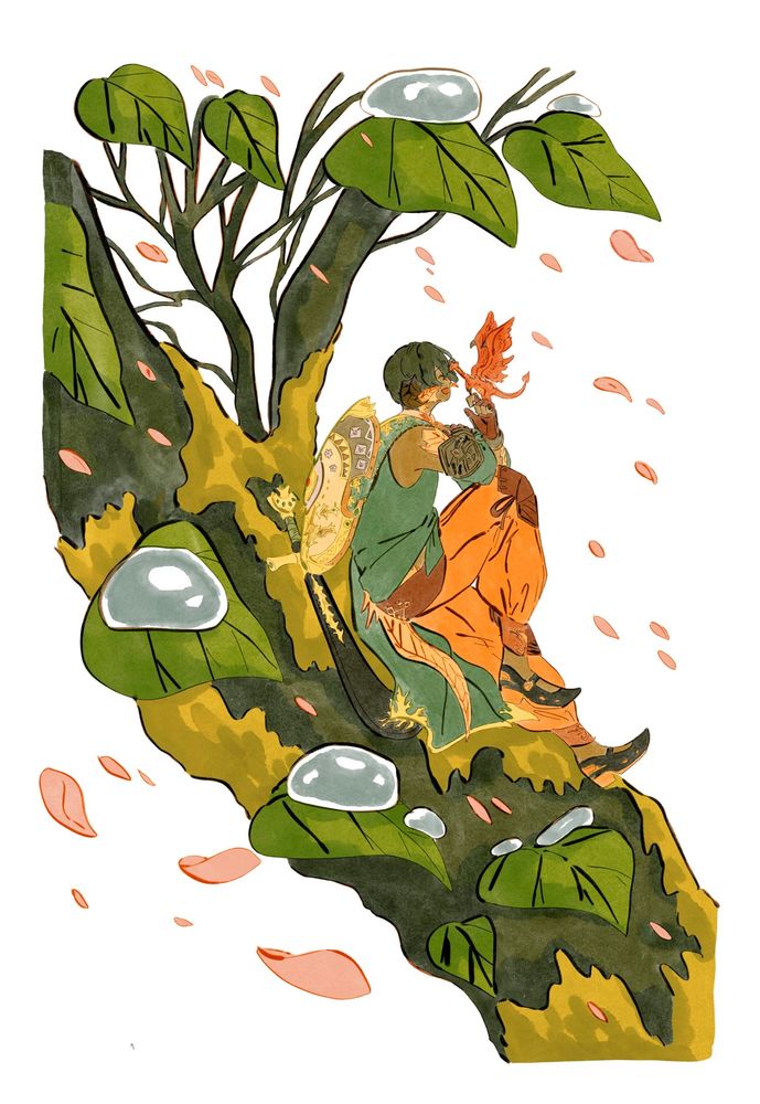 Drawing of Vrtra and Azdaja - FFXIV 
Sitting on a tree branch covered in moss/growth. Petals falling. Raindrops settling on leaves. They touch foreheads as affection~