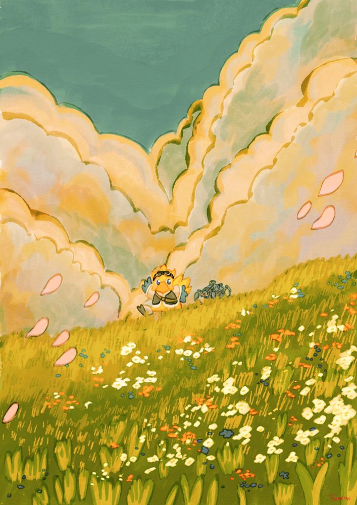 Alpha and Omega from FFXIV in a field of flowers (2023)