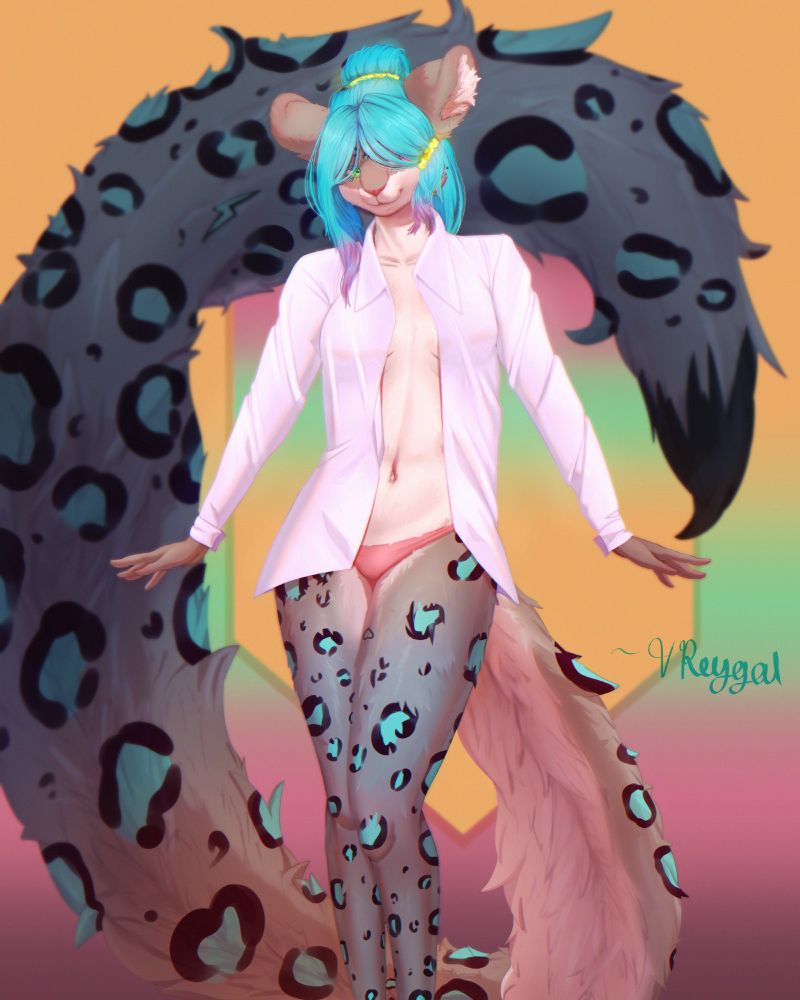 A snow leopard furry standing facing the viewer, hip jutted out to the side, face tilted down in a flirty manner. Her arms are held just slightly out from her sides with palms facing the ground. All she wears is a loose, white-collared shirt open down the middle keeping only her breasts covered while showing off her belly. She also wears a pair of pink panties. Her belly, ear fluff, underside of tail, and lower half of her face is a cream color, the rest of her is gray with black and blue rosettes.