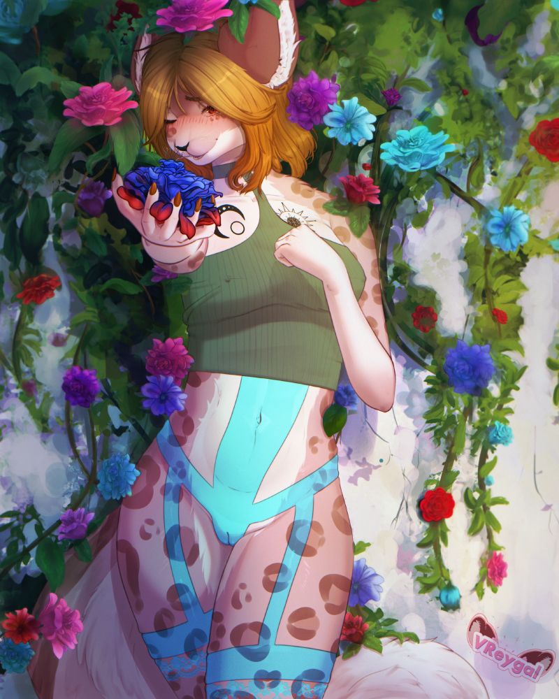 Vegas standing in front of a wall that is covered in ivy and flowers. Flowers surround her in shades of blue, purple, pink, red, and aqua. She stands with an arm outstretched towards you, that viewer, and in her hand is a blue flower with red streaks through it. Her nails are painted orange. She looks shy and flirty, an obvious blush on her cheeks as she smiles softly, head turned slightly to the side and tipped down a bit. Her blonde and orange hair falls around her face and curls slightly. She wears a green crop top that is tightly fitted. It leaves her belly exposed and reveals a teal, transparent bodysuit that hugs her hips and shows her pussy through it. It also goes down her thighs and wraps midway down, ending in a floral pattern.