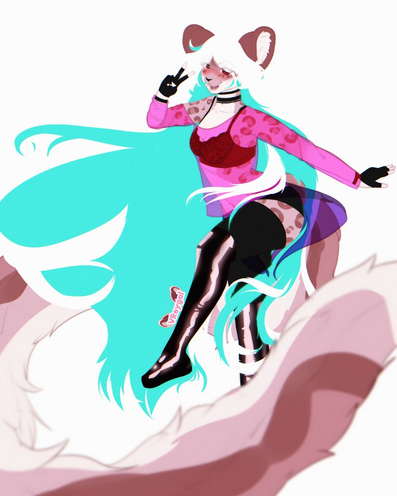 Vegas in a dancing pose giving the peace sign. She is wearing a rave outfit.