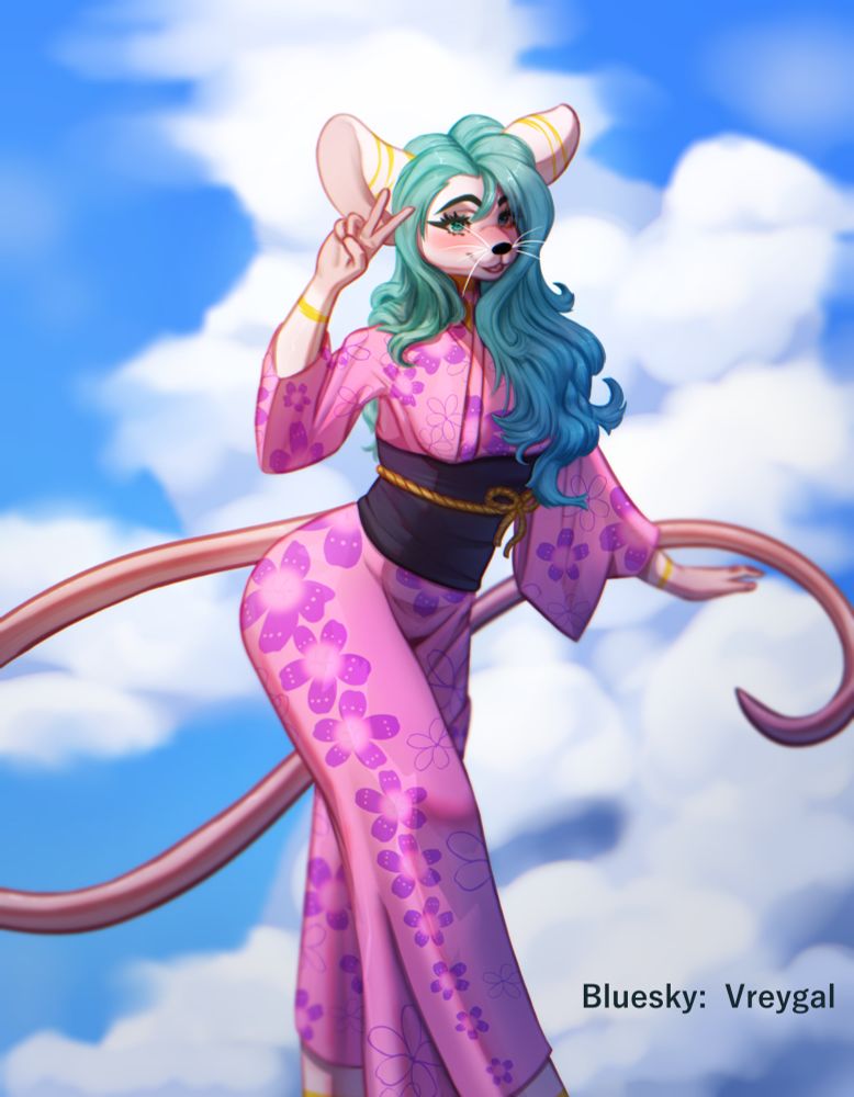 Bella posing before a cloudy sky, wearing a pink, floral kimono with a black waist-wrap and golden rope. Her long, wavy teal hair cascades down her back and over her left shoulder.