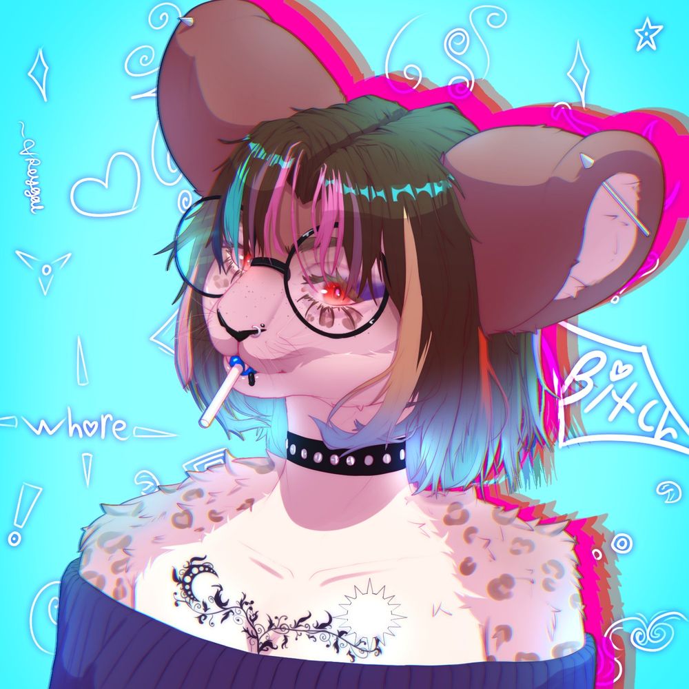 Digital drawing of my sona, a pink, white, and red snow leopard. She has short hair that falls to just above her shoulders. She has several piercings across her lips, nose, and ears. Is wearing big round glasses, a black studded choker, and a purple off the shoulder sweater. A tattoo of vines, moon, and sun is across her chest. The background is a neon blue with words and symbols drawn across it.