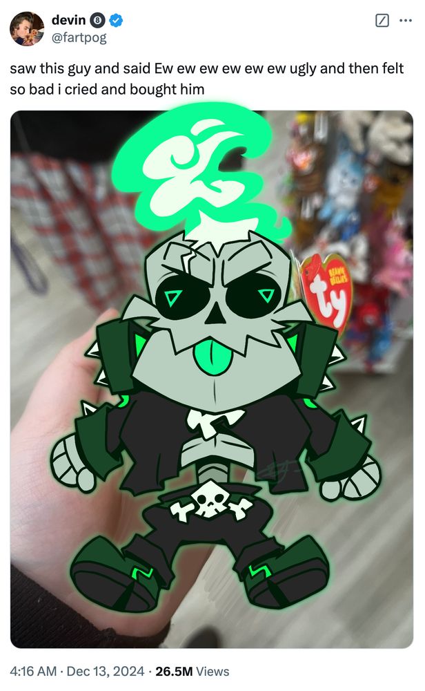 Jaw Bone from Monkey Wrench, with chibi proportions, eyes looking in different directions and his tongue sticking out. Caption says, "saw this guy and said Ew ew ew ew ew ew ugly and then felt so bad i cried and bought him."