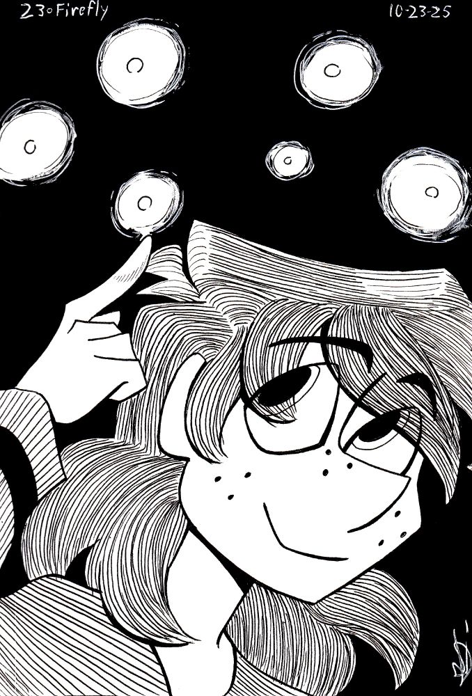 A drawing of Allison, an original character. She is smiling and holding her hand out to one of the fireflies above her.

Drawn for the day 23 prompt of Inktober, "Firefly." October 23rd, 2025.
