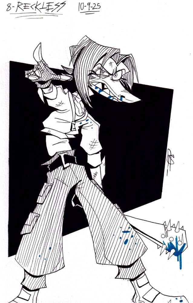 A drawing of Clarion Potsu, a Monkey Wrench OC. She is standing with a spiked bat in her left hand, and pointing forward with the other. She has blue blood on her bat, blue blood dripping from her nose and mouth, a few blood speckles on her clothes, and a tooth missing. She looks as though she's been in a rough fight. She has a very angry expression on her face.

Drawn for the day 8 prompt of Inktober, "Reckless." October 8th, 2025.