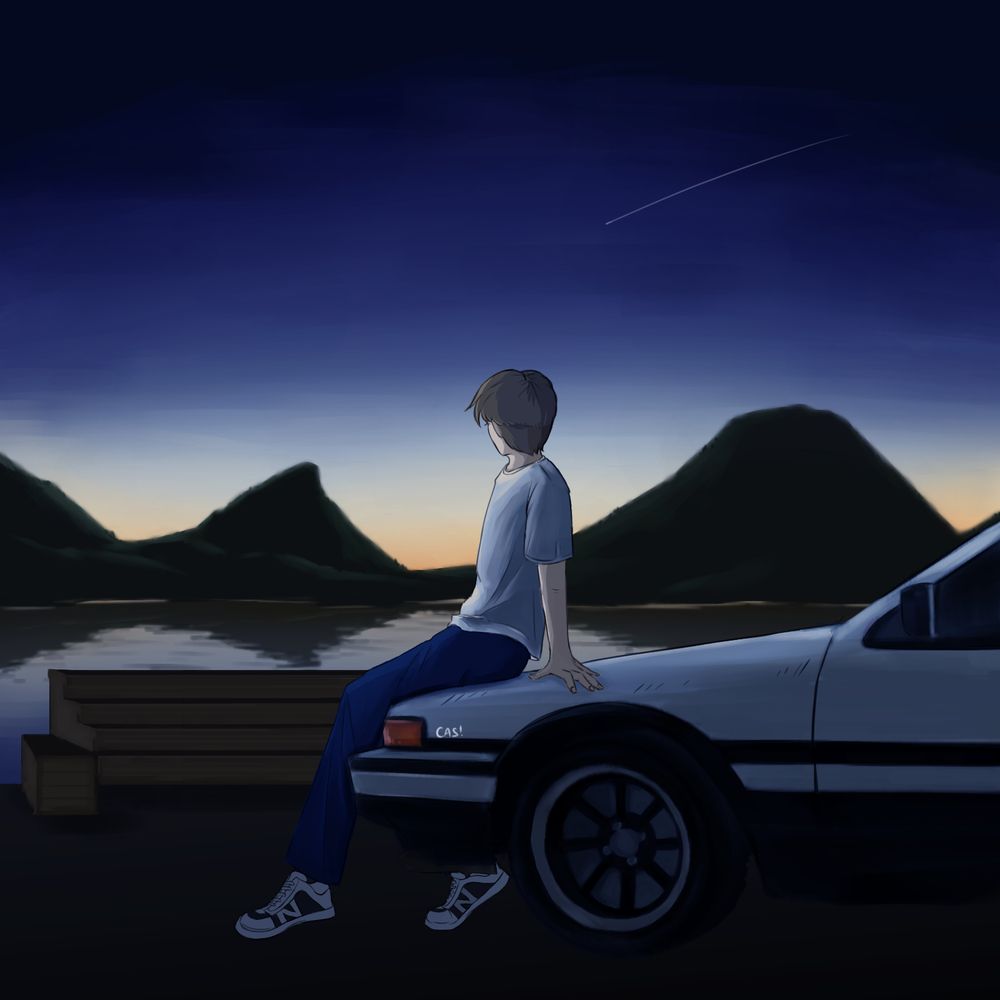 a digital painting of Takumi Fujiwara from Initial D sitting on the hood of his car, the AE86, at lake Akina. The sun has nearly set, with a tiny line of light at the bottom of the horizon, and there is a single shooting star in the sky.