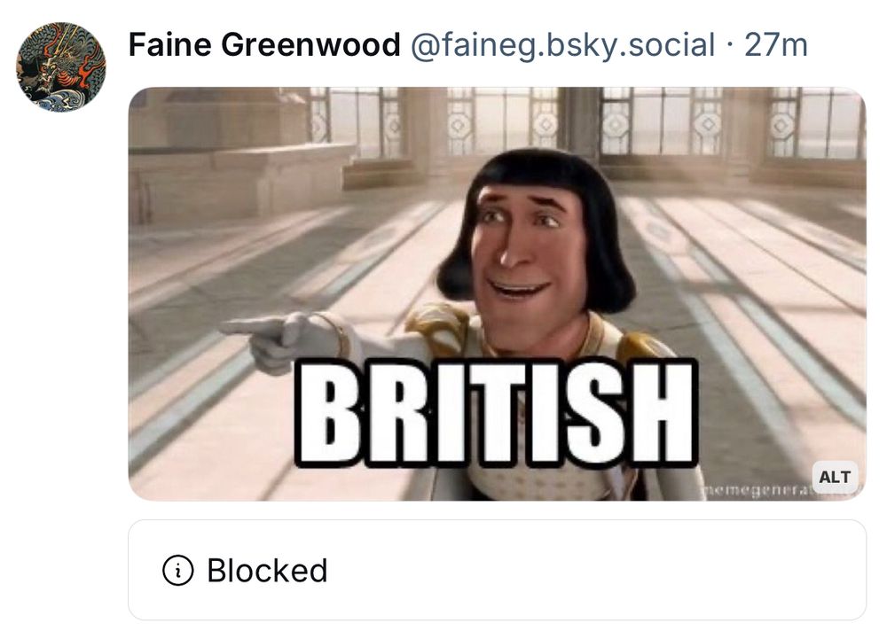 A screenshot of Faine’s quote post above the OP, which is blocked, so it looks like blocked posts are inherently British 