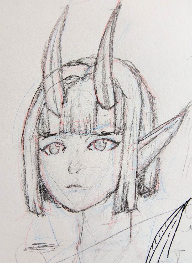 A pencil sketch of a woman with pointed ears and horns