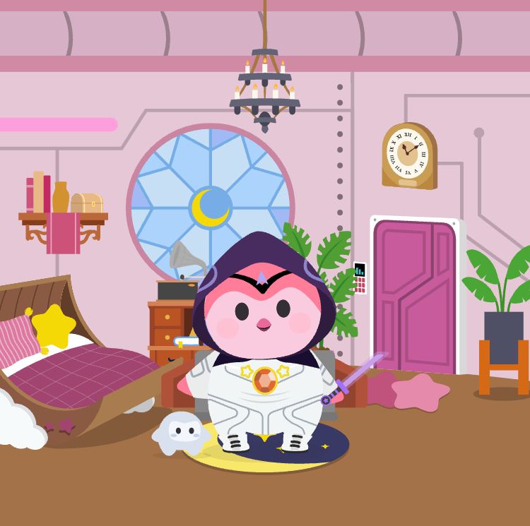 Latte the pink bird is dressed for magical space travel and stand Sun her magical space themed birdhouse.