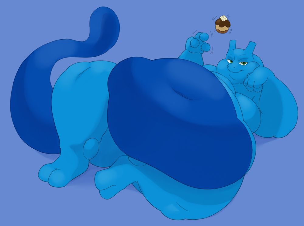 The Blue Mewtwo, Biffiea, lays down and seductively eats a cream puff, while showing you his fat blue tummy. Art by Xeniamorph #furry #fatfur