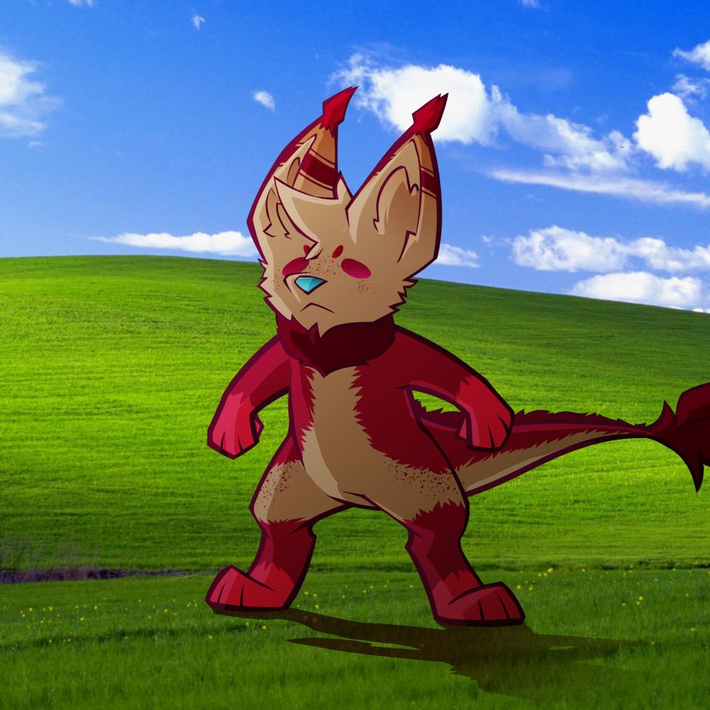 A chibi drawing of Cher, an anthro creature with a long tail, a cyan nose, cherry and beige colors, standing in the middle of the default windows XP background image.

They are taking in the fresh air