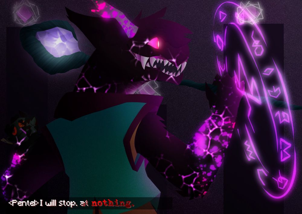 A very low-light depiction of Pentel, a deep purple anthro dragon with a bright teal vest accented by a lighter shade of purple. His pink eyes are glowing bright, along with some glowing pink cracks running along his arms, neck and jaw. He is seen drawing a lightning spell circle in the End dimension, along with minecraft text saying "I will stop. At nothing."