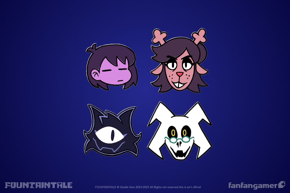 fanmade pins of fountaintale's frisk, dess, tella, and seraphim I did in the style of the deltarune pin sets. this is not a product you can buy, let alone an officially licensed fangamer product or a product created by fountaintale. it is art. 