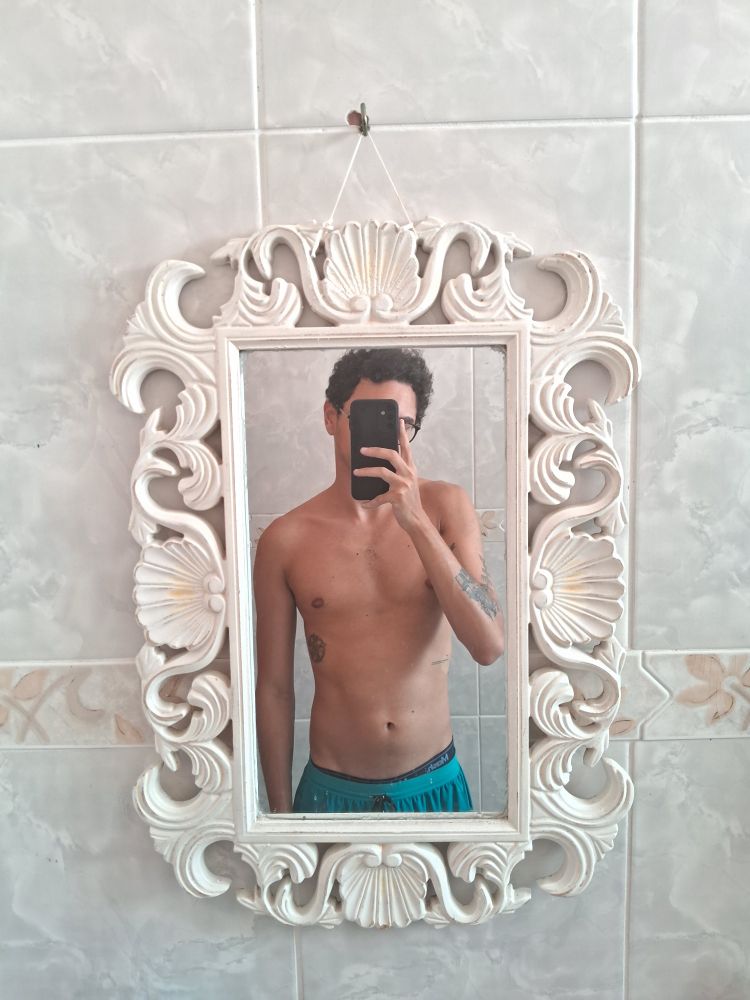 Foto no espelho do banheiro, com moldura branca e eu sem camisa. Duas tatuagens aparecem, uma rosa/brasao na costela esquerda e torre em chamas no antebraço direito