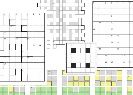 five overlapping barred crossword grids of different types