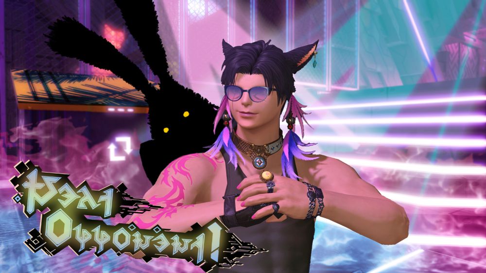 image in the style of the arcadion "next opponent!" screens featuring momo and the silhouette of a spriggan. the backdrop is a dumpster next to a staircase in solution nine 