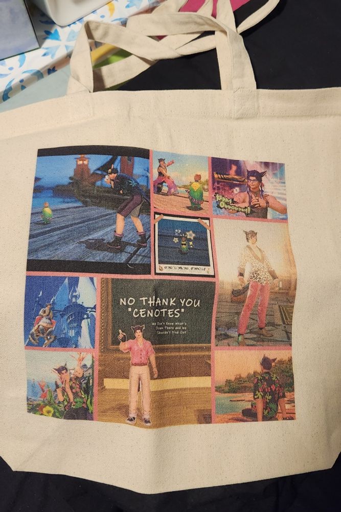 a tote bag printed with a collage of momo images including edits of the three prior ones