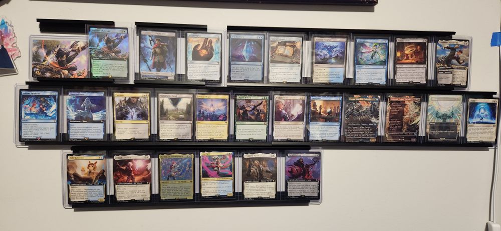 a bunch of final fantasy magic cards displayed on rail shelves
